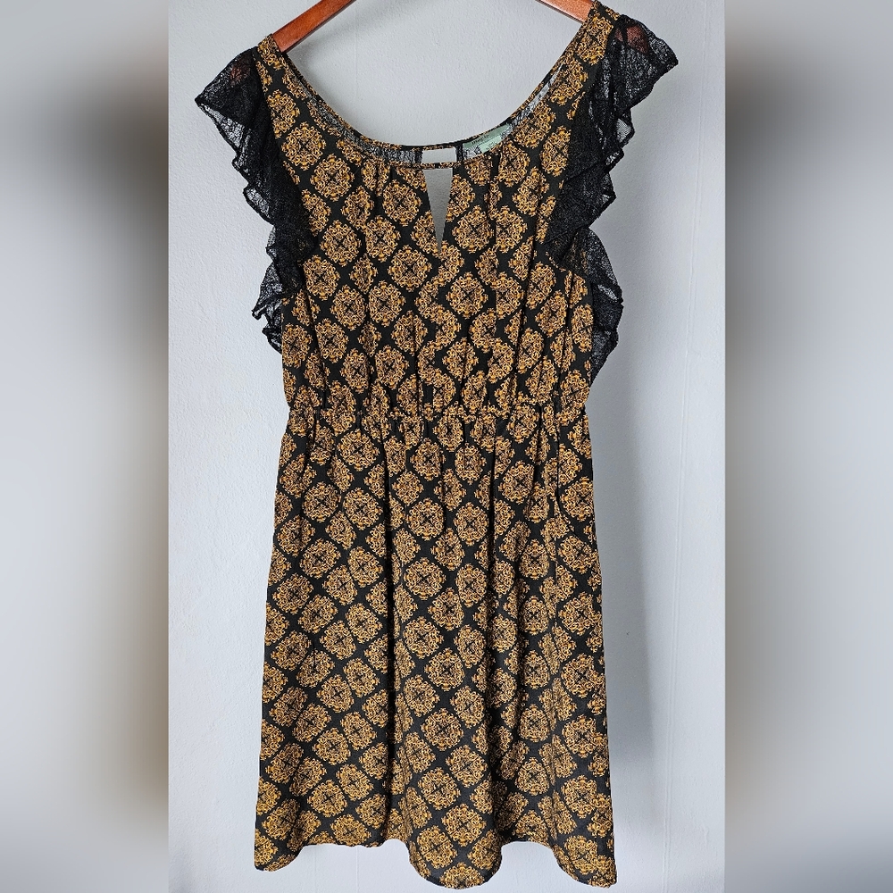 2010s Anthropologie x Maple Black/Gold Pattern Dress w/ Lace Details and Pockets